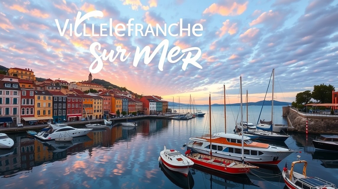 Villefranche-sur-Mer színes óvárosa és kikötője naplementében