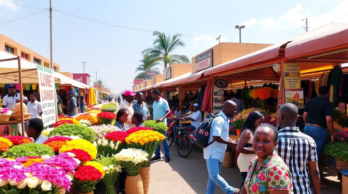 Színes virágok és árusok a Douala Marché des Fleurs virágpiacon.