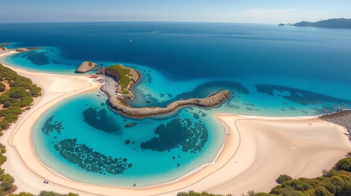 Voidokilia öböl, a Peloponnészosz smaragd színű homokos partjával.