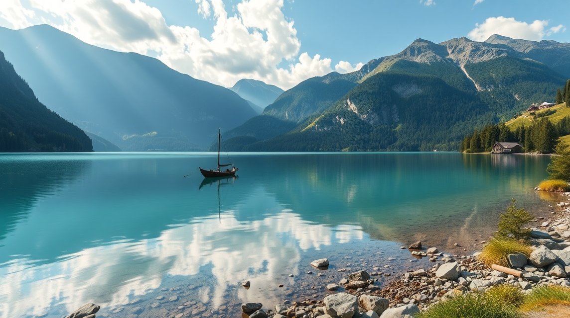 Walchensee türkizkék vize és alpesi tája hajóval.