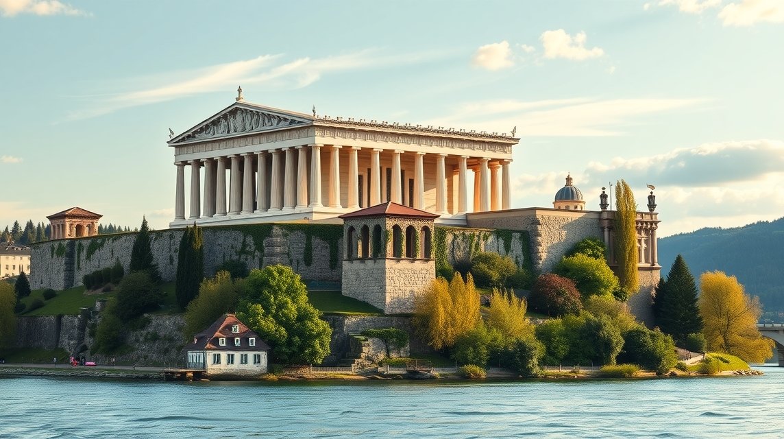 A Walhalla, a Duna felett álló német Parthenón klasszicista épülete