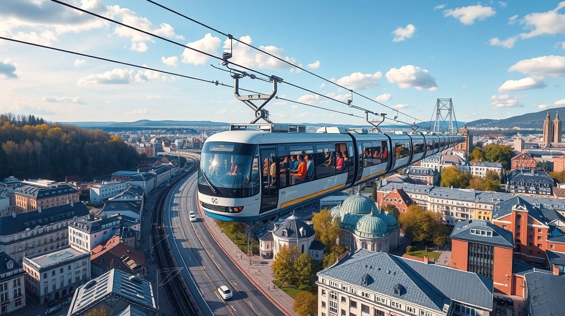 Wuppertali függővasút lebeg a város felett egy panoráma látványban