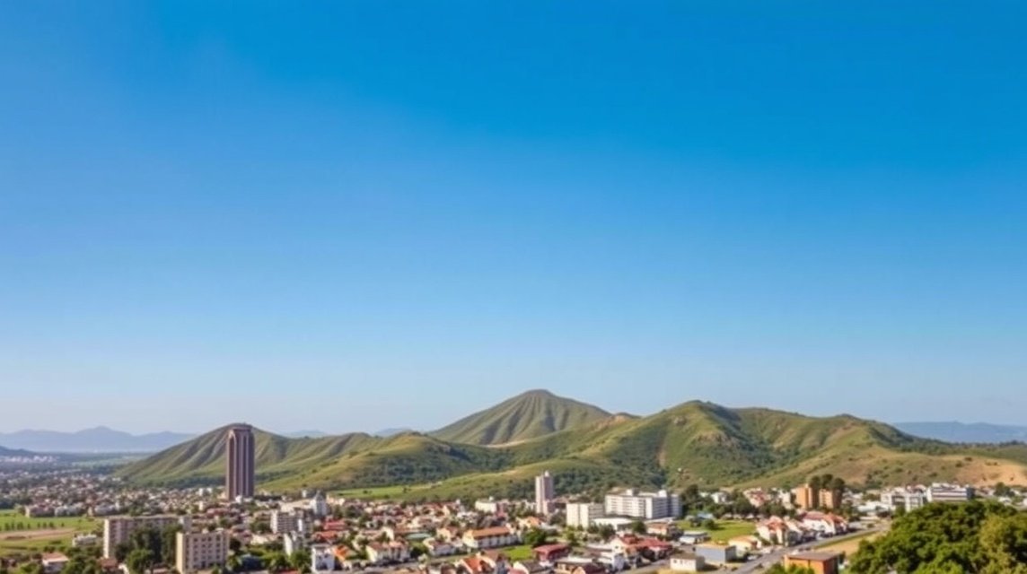 Yaoundé város panorámája, dombokkal és trópusi zölddel.