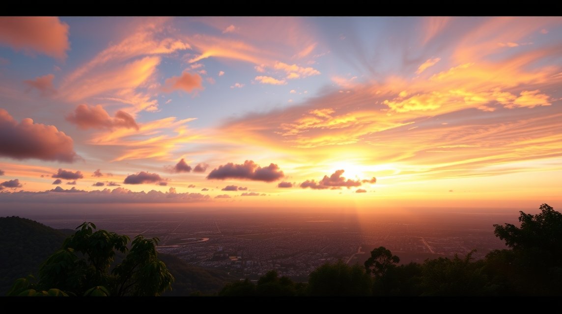 Lenyűgöző naplemente a Mont Fébé hegyről Yaoundé városára