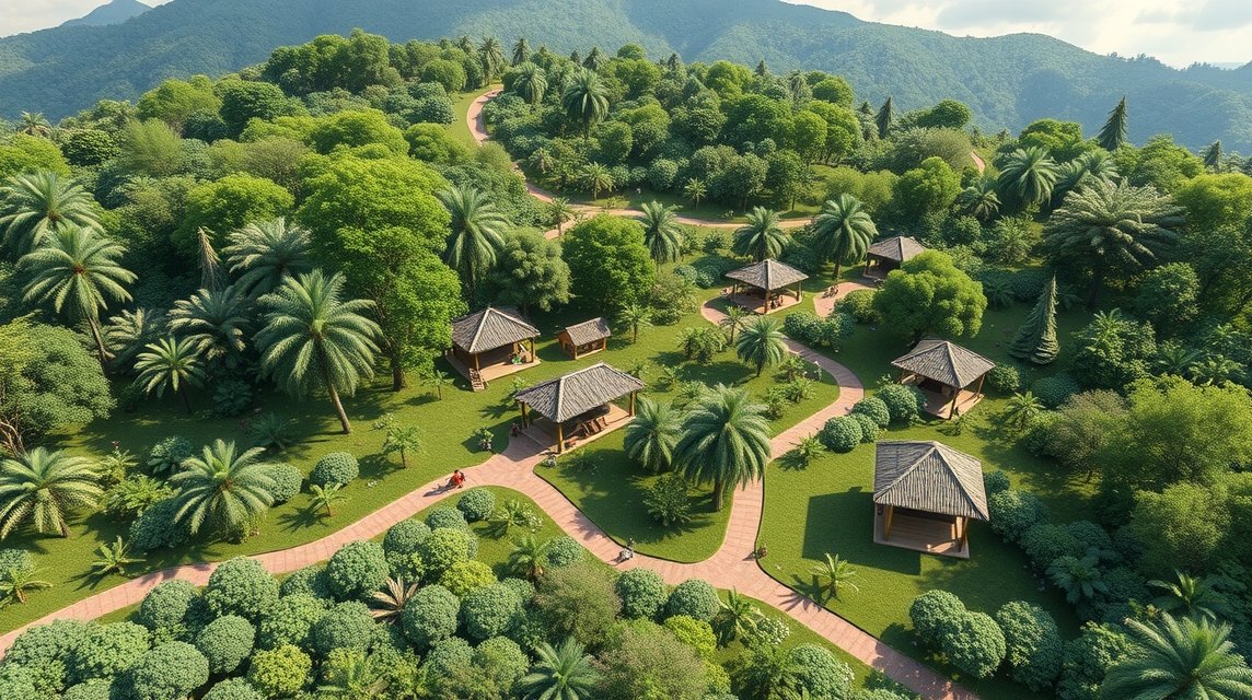 Ahala Eco Park zöld környezete fa kunyhókkal és tanösvényekkel