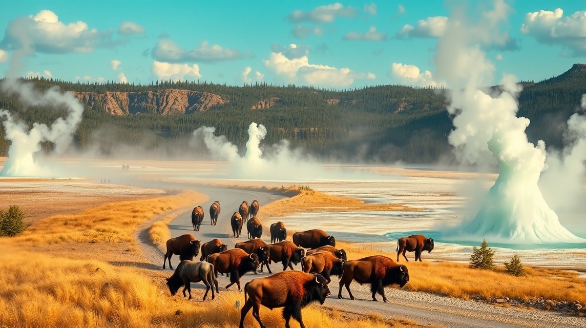Bölénycsordák Yellowstone-ban, háttérben gejzírek füstölnek