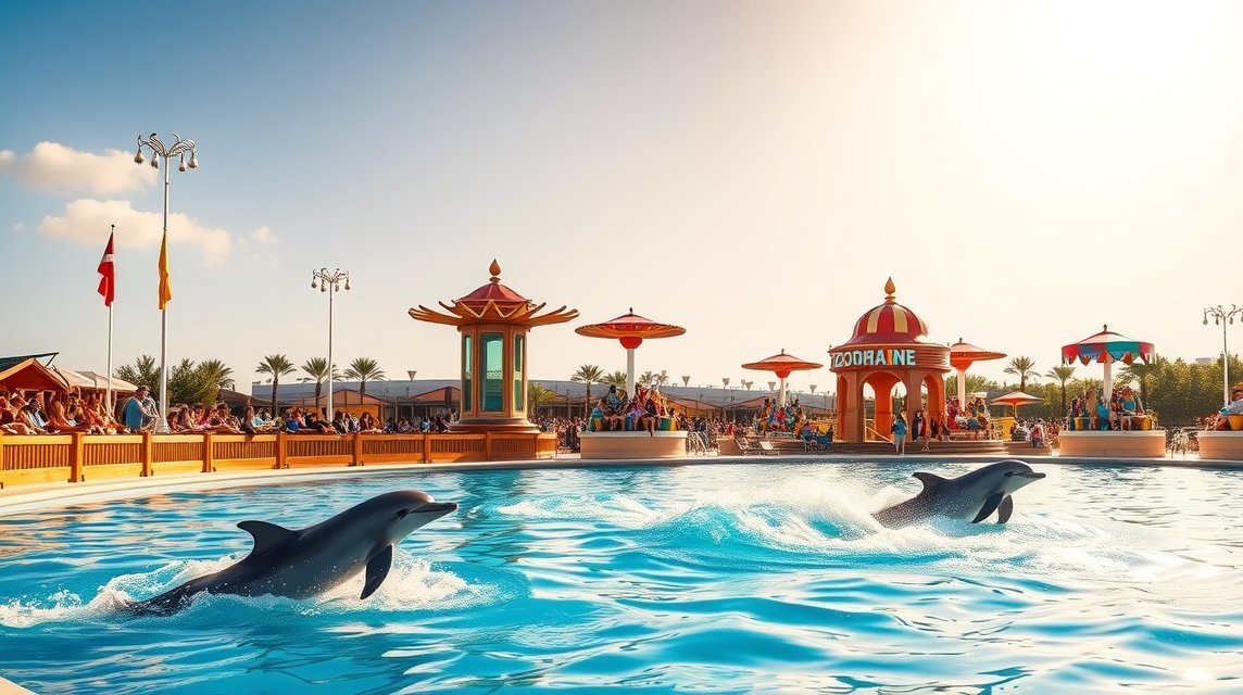 Albufeira látnivalók - Zoomarine: Delfinek és vízi vidámpark 1 Delfinek ugranak a Zoomarine vízi vidámparkban Albufeirában.