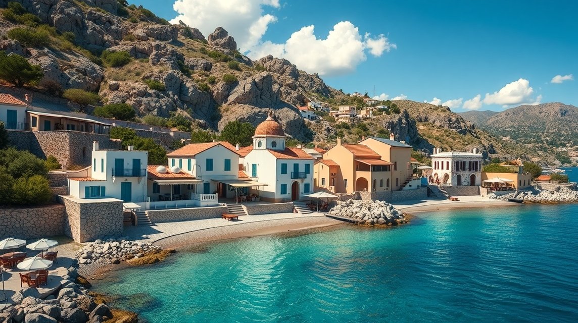 Tengerparti házak Stoupában a Mani-félszigeten, Görögországban