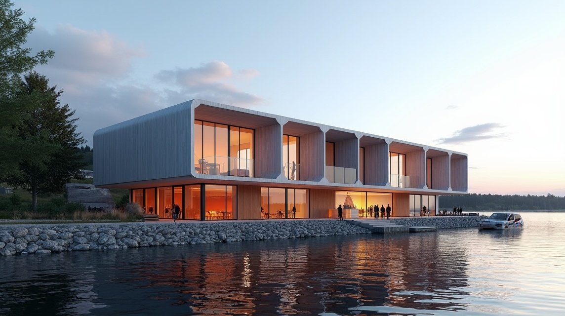 Ælvespeilet kultúrház Porsgrunn folyóparti kilátással