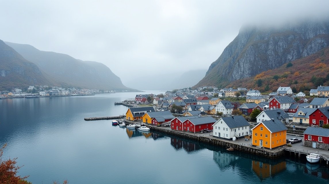 Áttekintés Ålesund festői városáról Norvégiában, felhős időjárás alatt.