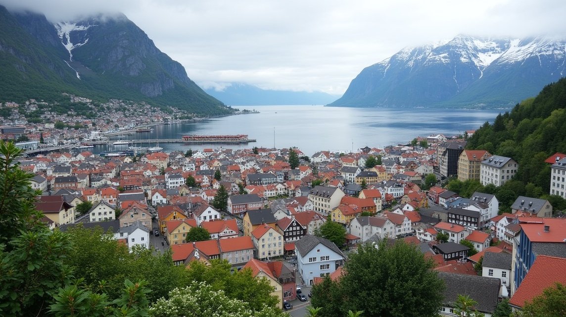 Ålesund város panorámája szecessziós épületekkel és fjorddal