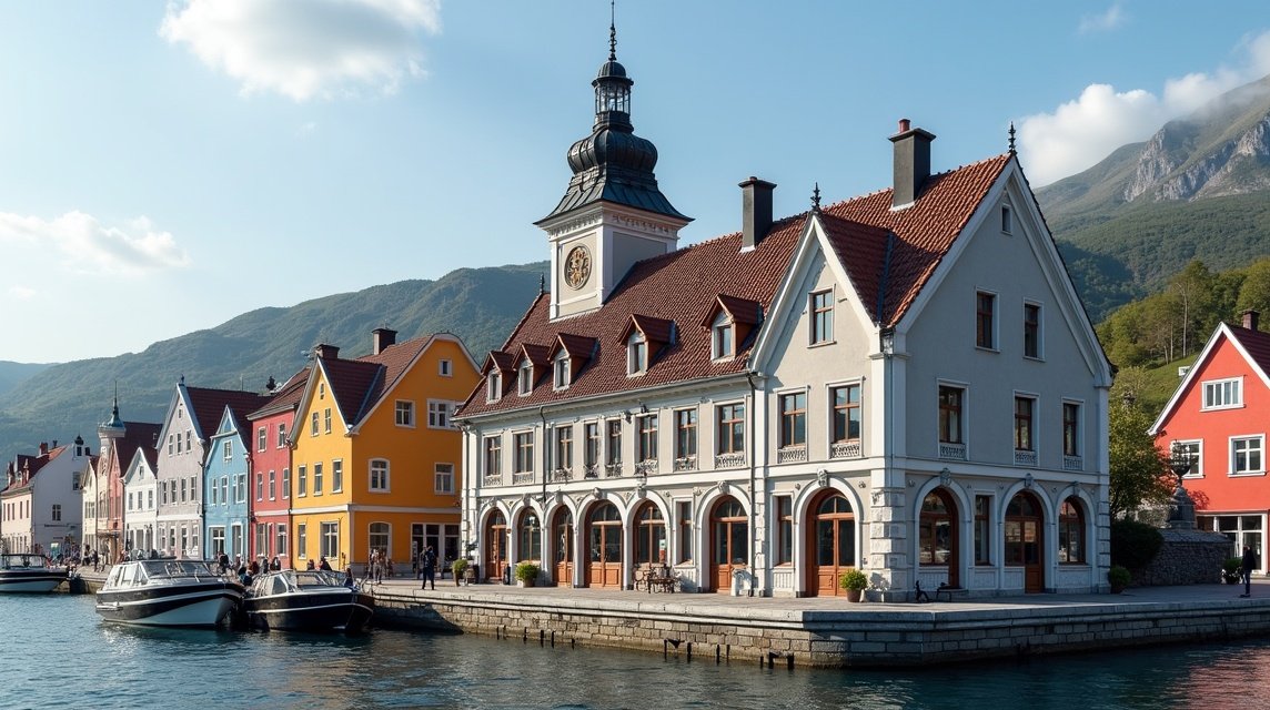 Állóképek a csodálatos Ålesund kikötőjéről szecessziós épületekkel.