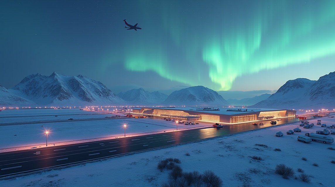 Alta repülőtér éjszakai fényekben és északi fény alatt, Norvégiában.