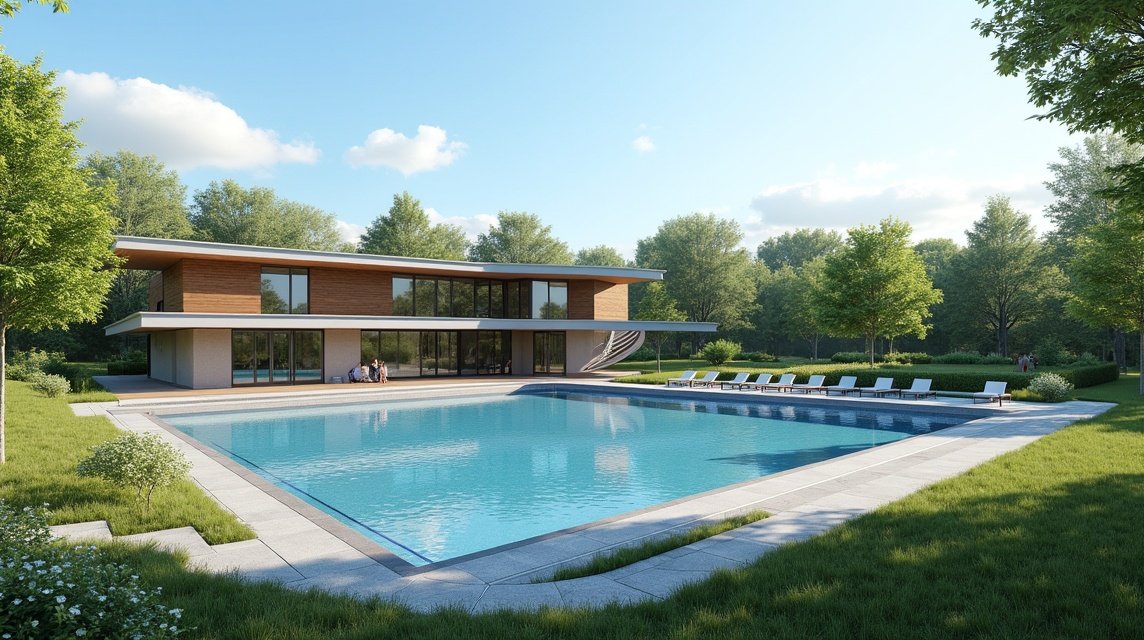 Ankerskogen uszoda nyári nap, medencével és zöld parkkal