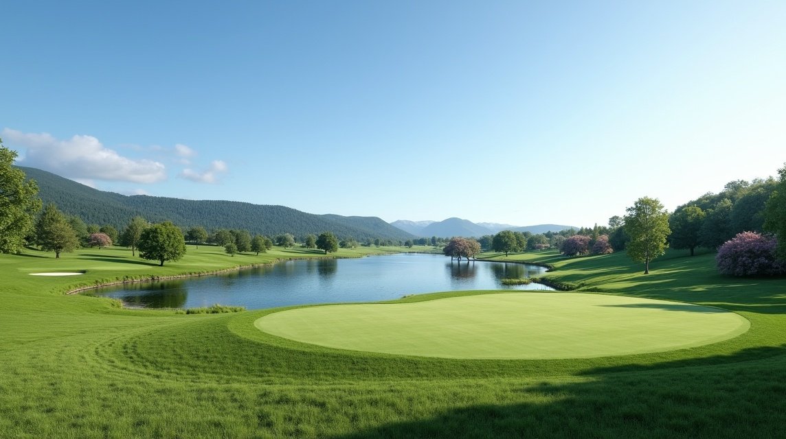 Panoráma az Arendal és Omegn Golfklubról, zöld fairway-ekkel és tóval.