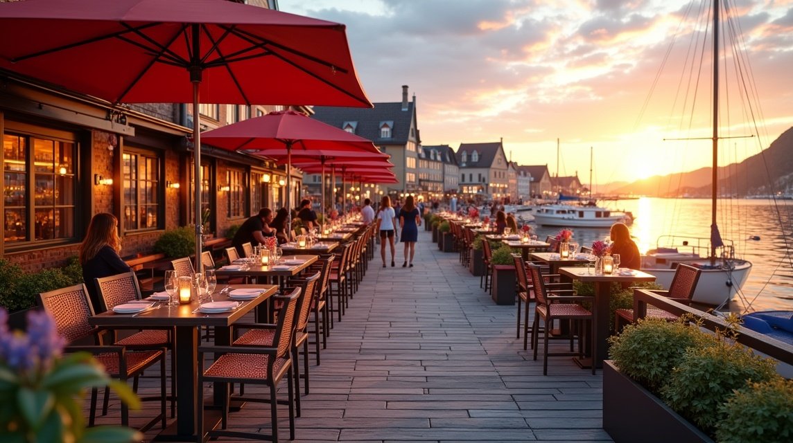 Halétterem a Pollen partján Arendalban naplementében