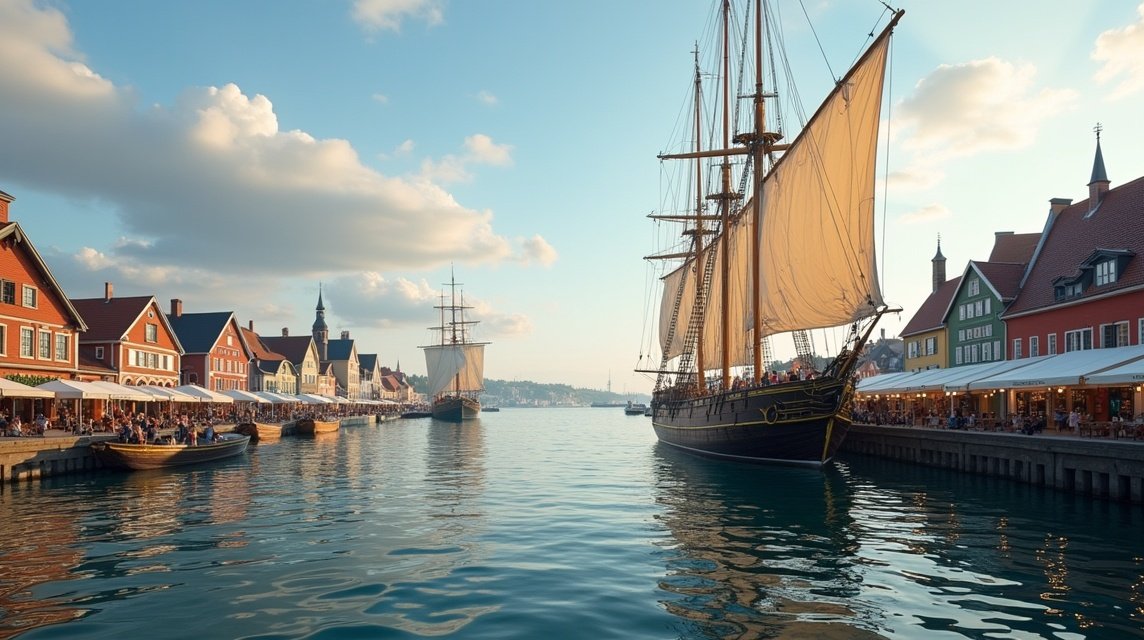 Vitorlás hajók Arendal kikötőjében Norvégiában, tavaszi napfény alatt.