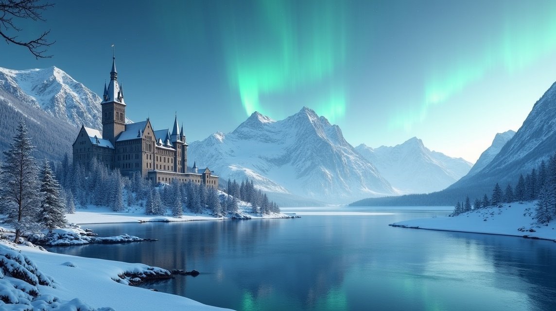 Arendelle kastély havas tájjal és északi fényekkel Norvégiában