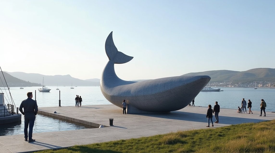Sandefjord látnivalók - A Bálnavadász emlékmű a kikötőben 1 A Bálnavadász emlékmű a sandefjordi kikötőben, Norvégiában.