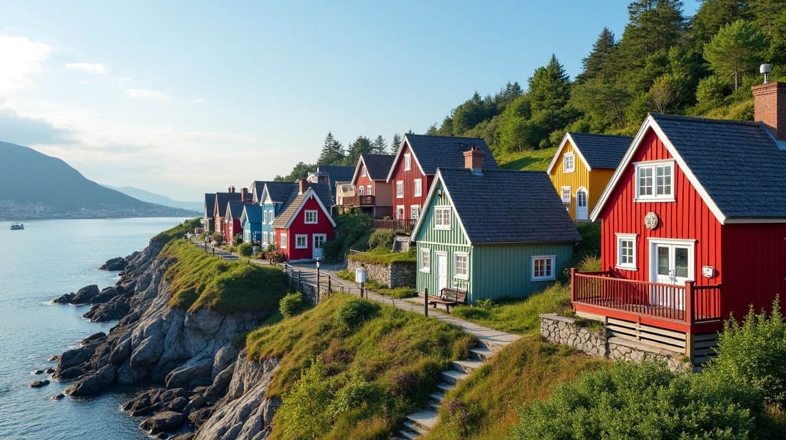 Színes faházak a Nordnes félszigeten Bergenben, Norvégiában.