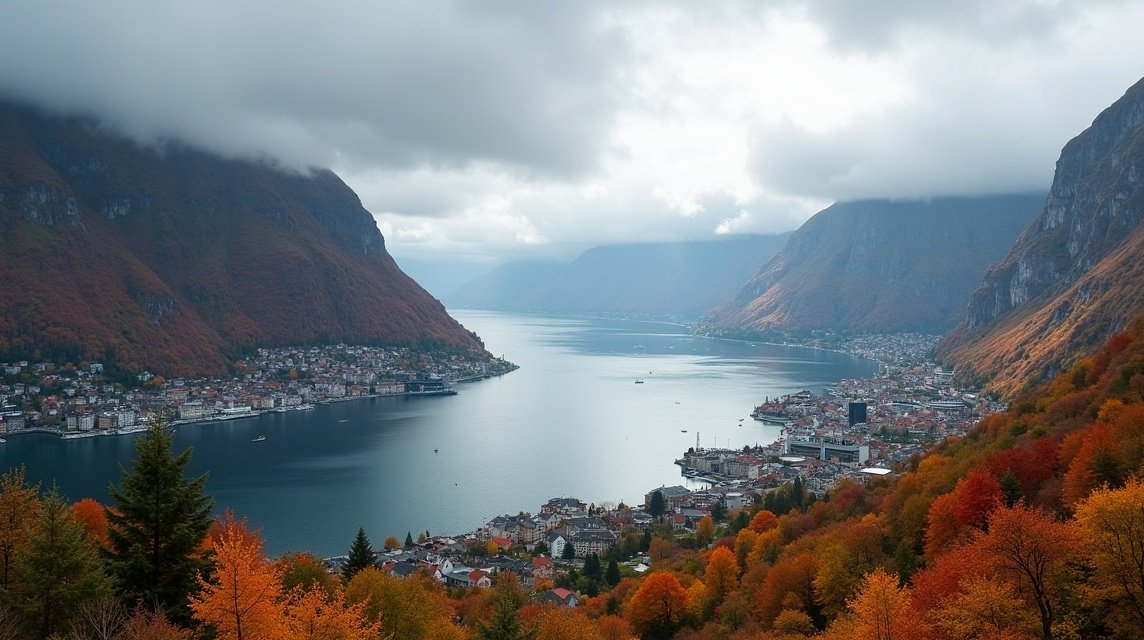 Őszi táj Bergen környékén, Norvégiában, hegyek és fjordok között.