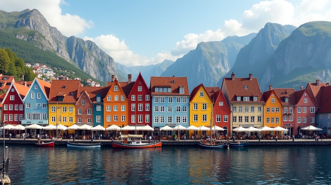Bryggen színes faházai Bergenben, UNESCO világörökség