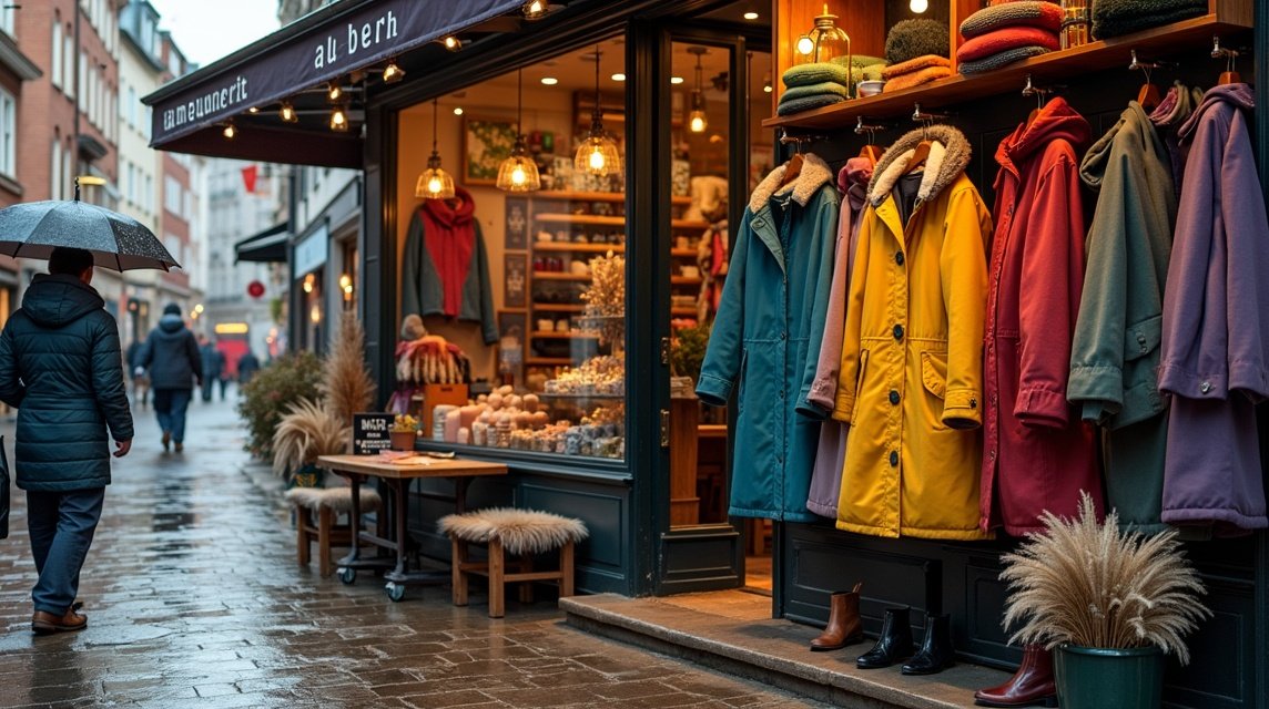 Norvég gyapjú és esőkabátok boltja Bergenben, esős időben