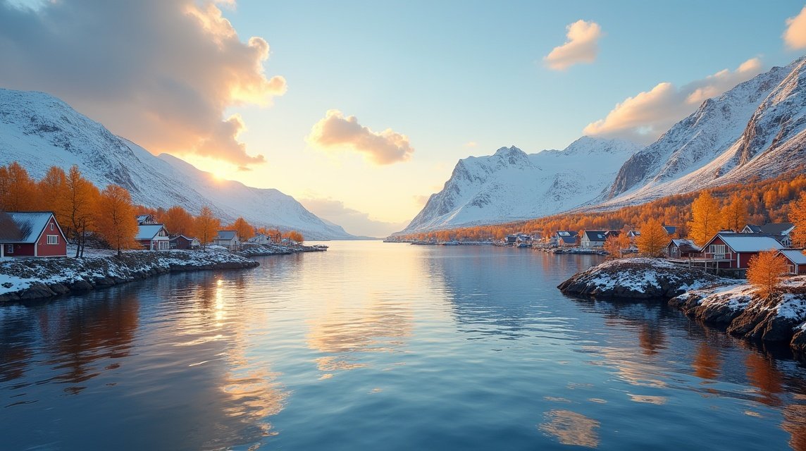 Bodø festői táj, napsütés és hegyek Norvégiában.