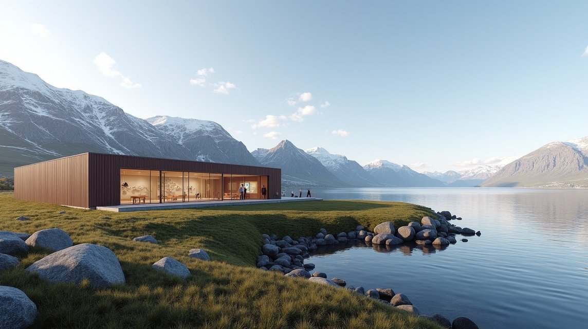 A modern épület a fjord mellett Bodøban, Norvégiában.