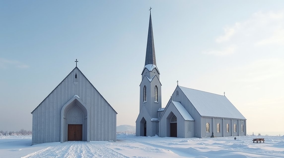 A Bodøi Katedrális és harangtoronya hóban, Norvégiában.