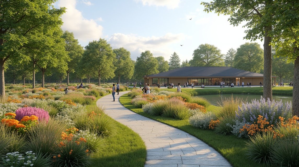 Kristiansand botanikus kert, virágos sétány és fák egy szép napon.