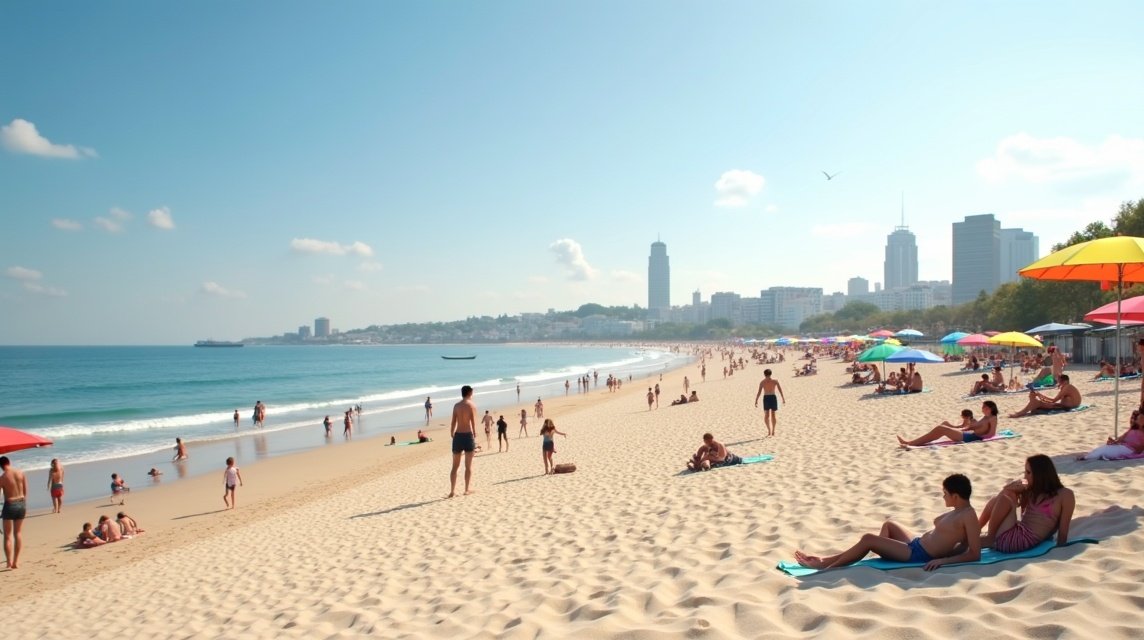 Napfényes Bystranda strand, kristálytiszta víz és napernyők.