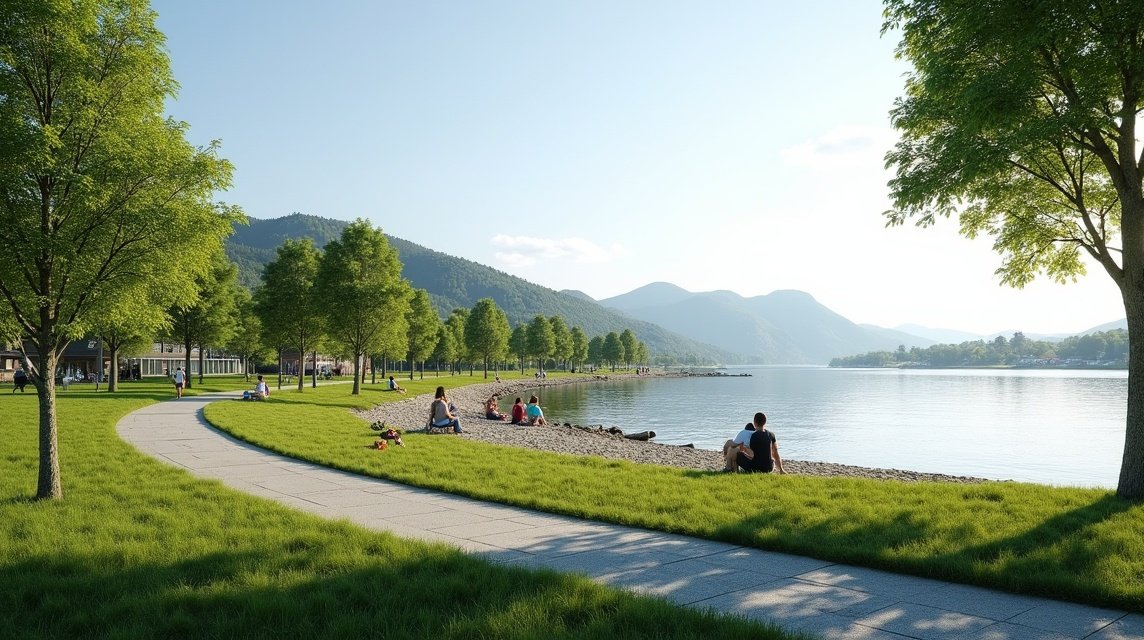 Djupadalen park a tengernél, zöld fák és sétány látványával Haugesundban