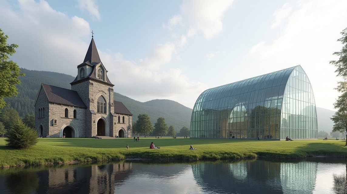 A Hamar-i Domkirkeodden középkori romjai és az Üvegkatedrális modern épülete.