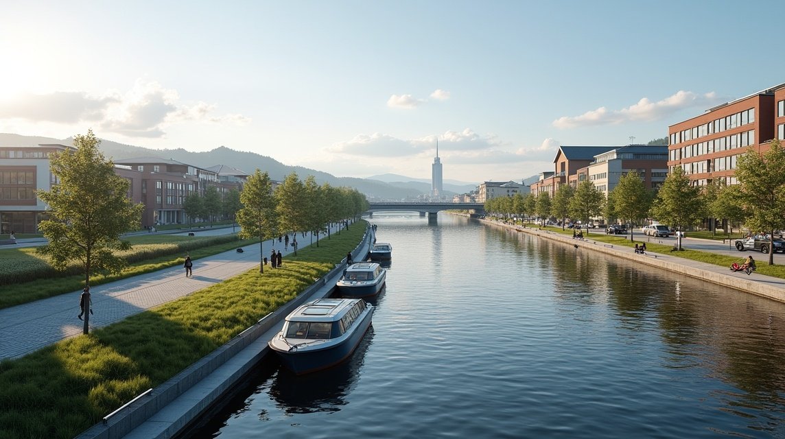 A modern folyópart Drammen városában, zöld területekkel és sétáló emberekkel.