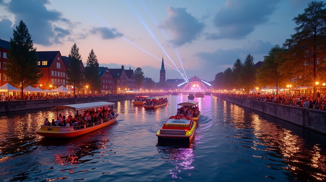 Drammen Elvefestivalen éjszakai fényekkel és hajókkal