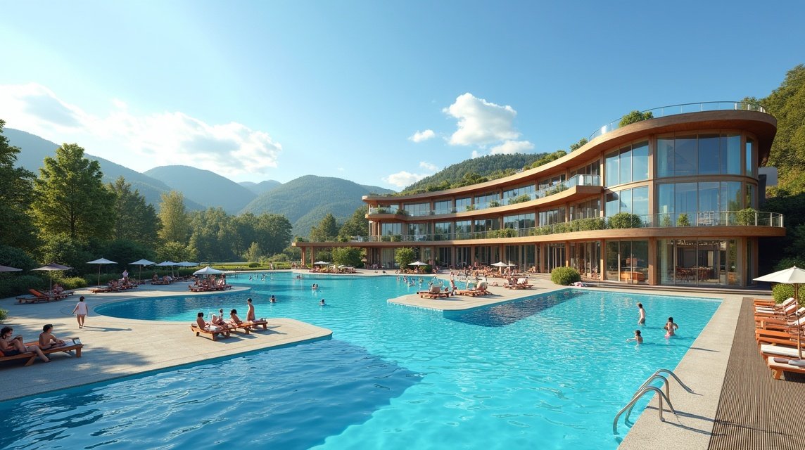 Drammensbadet fürdőkomplexum, vízparti medencével Norvégiában.