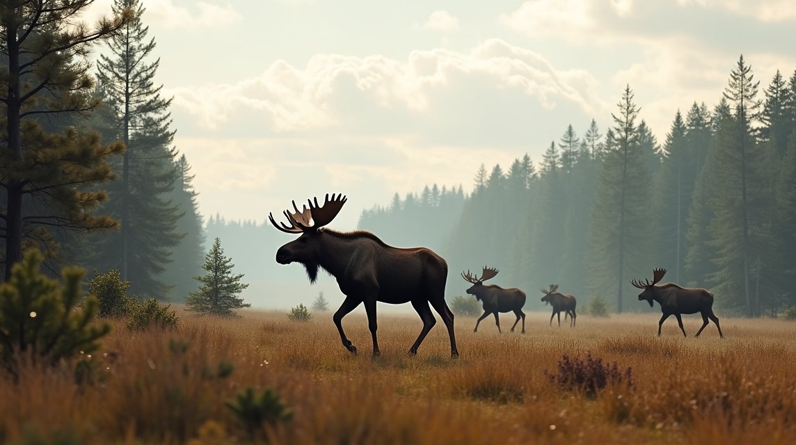 Jávor szarvasok sétálnak egy ködös erdei mezőn Elverumban