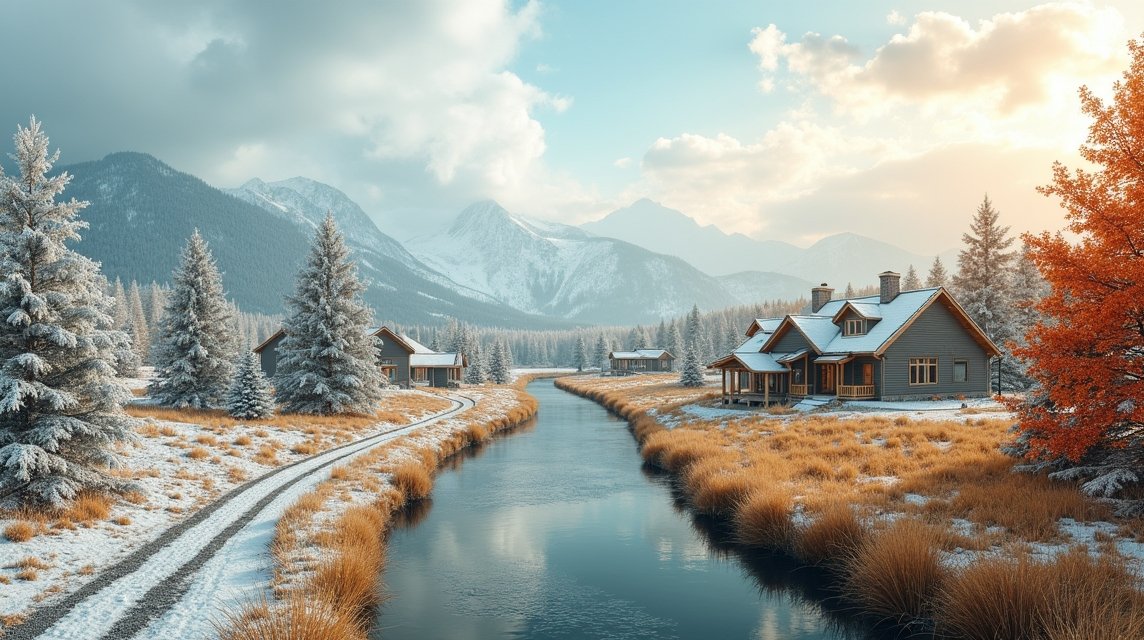 Elverum időjárása – mikor a legjobb utazni? 1 Havas táj Elverumban, házak a folyó partján, téli időjárás