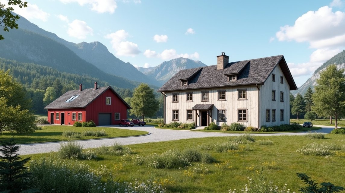 Hagyományos norvég házak Elverum közelében a hegyek között
