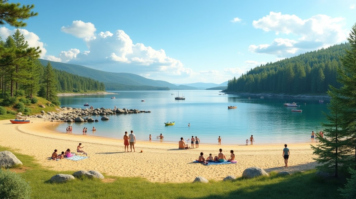 Sagtjernet tó homokos strandján fürdőző emberek Elverumban, Norvégiában.