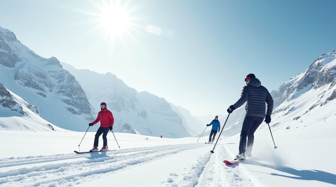 Síelők a havas hegyekben Norvégiában, téli sportok élménye