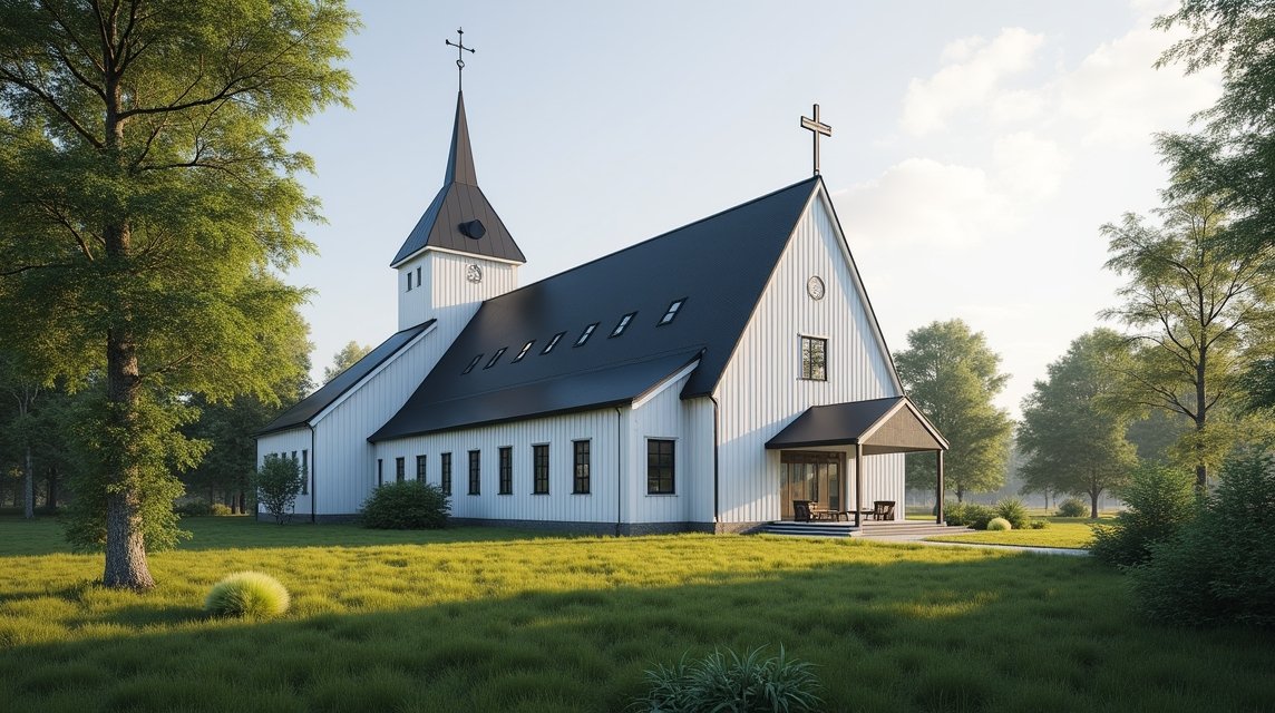 Elverum Templom moderne építészete a zöld környezetben