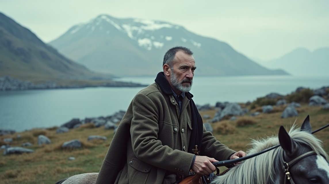 Elverum történelem - "A király választása" és a II. világháború 1 Férfi lóval a fjord mellett, Elverum történelmi környezetének hátterében.