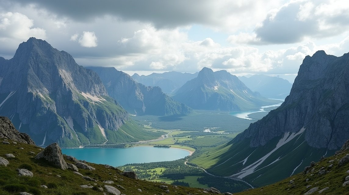 Børvasstindan hegyvonulat lélegzetelállító panorámája Bodø közelében.