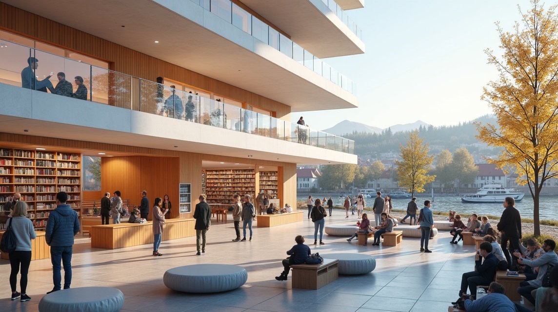 A Litteraturhuset épülete Fredrikstad városában, látogatók a kávézó körül.