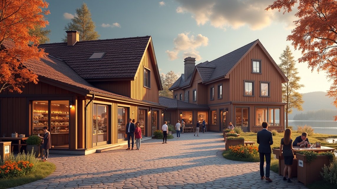 Gjøvik Csokoládégyár külső nézet, látogatók és gyönyörű táj.