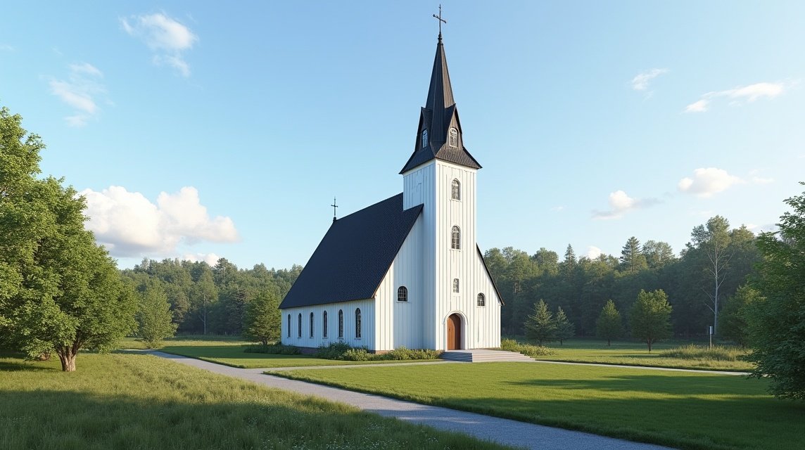 A gyönyörű Gjøvik templom zöld környezetben, Norvégiában.