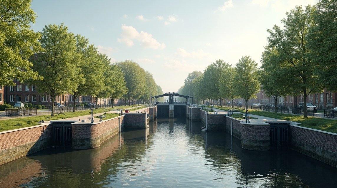 Halden csatornája és zsilipei, zöld fákkal körülvéve