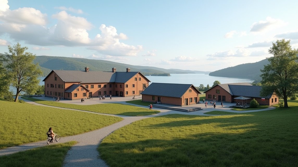 Hedmark Múzeum a gyönyörű tájban, látogatók a részletek felfedezésére.